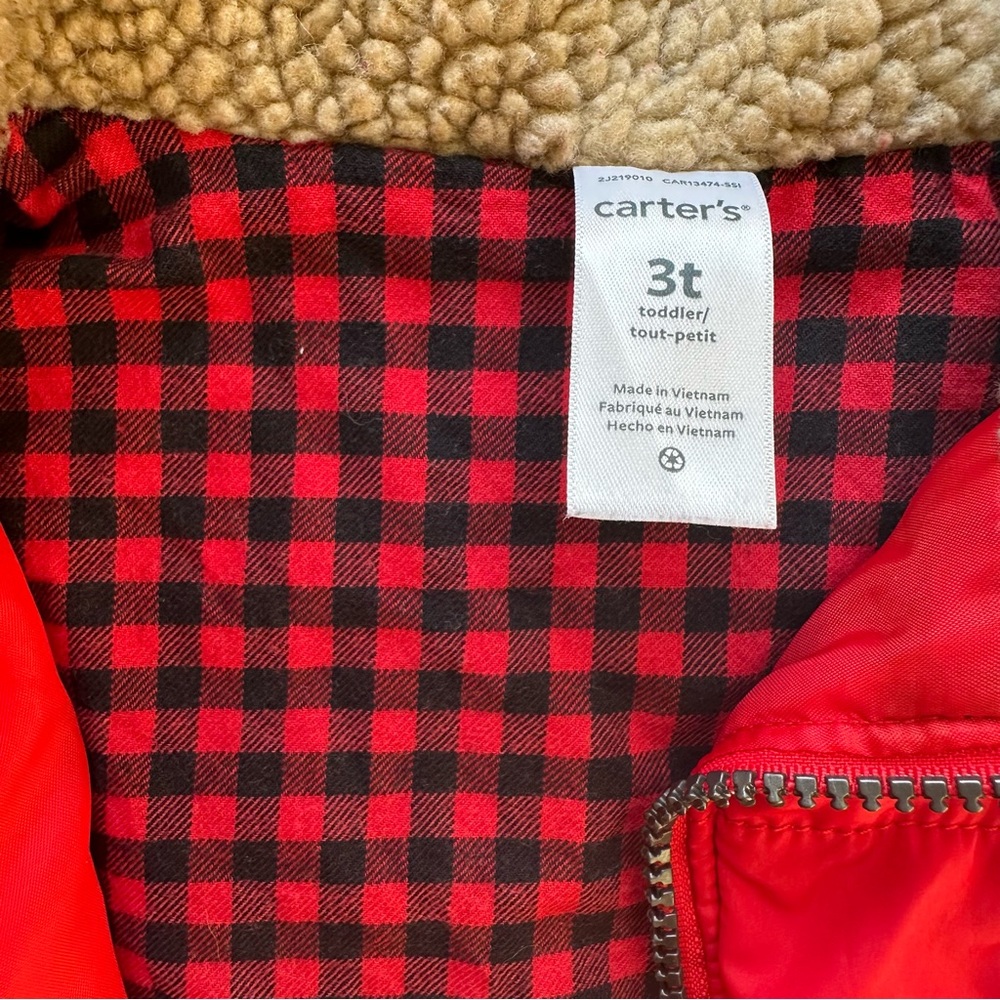 Carter’s Red Kids Zip Up Puffer Vest - Red and black checkered lining| 3t - Picture 3 of 4